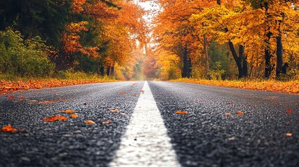 Obraz premium A paved road winds through a forest in the fall.