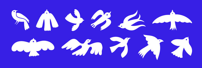 Vector illustration in simple hand drawn naive and linocut style - natural print, poster or logo design template - spring illustration - birds