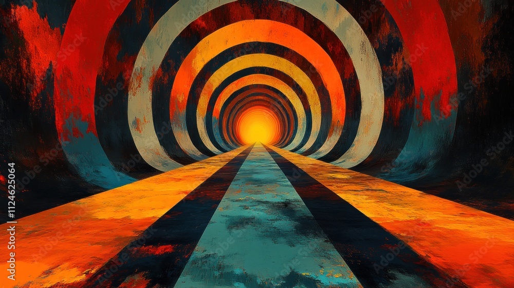 Poster abstract tunnel with concentric circles leading to a bright light.