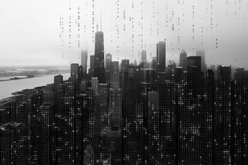 The skyline displays towering skyscrapers shrouded in fog as binary code overlays the scene, blending urban life with technology during twilight hours.