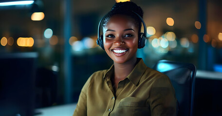 Call center, happy black woman and portrait for customer service or support at help desk at night. Face, smile and receptionist in office for telemarketing, professional business or overtime in Kenya
