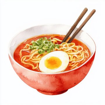recommend clip art: Delicious Watercolor Ramen Bowl with Egg Noodles and Chopsticks
