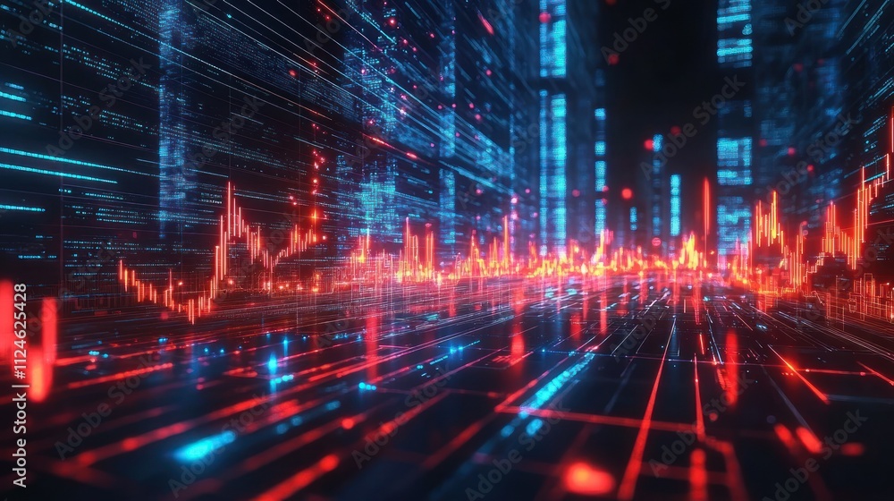 Poster digital transformation and growth in futuristic cityscape with neon lights and data streams