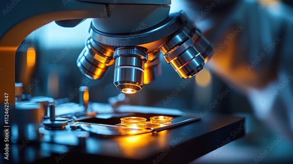 Poster scientist using microscope for research in medical laboratory with focus on samples and liquid analy
