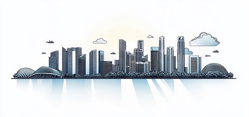 Minimalist Illustration of Singapore Skyline with Greenery and Sunlight