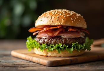 A hamburger with a sesame seed bun, lettuce, and what appears to be ham or bacon on a wooden cutting board