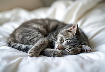 Naklejka premium A gray cat lying on a white bed, curled up and resting peacefully