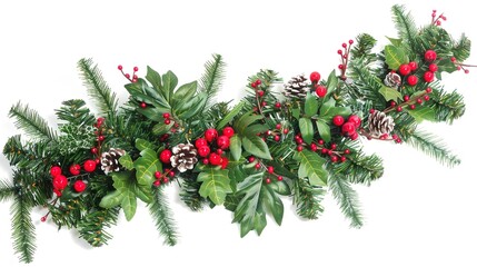 Christmas Branches Border with Christmas Decorations on White Background, Festive Embellishments for Holiday Cheer and Decor.