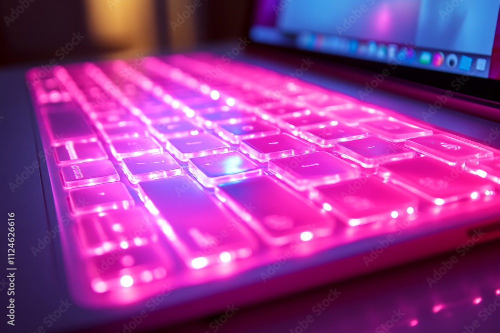 Poster glowing pink keyboard with translucent keys on a laptop. concept of modern technology and vibrant de