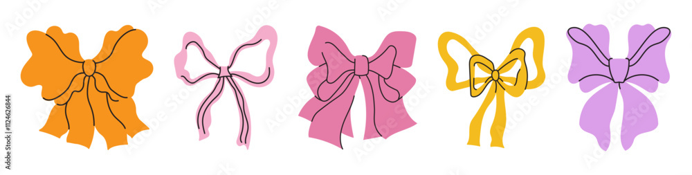 Poster Vector abstract hand-drawn illustration in simple linear minimal style, decorative frames for prints, invitations, cards with bows and ribbons