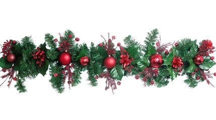 Christmas Branches Border with Christmas Decorations on White Background, Festive Embellishments for Holiday Cheer and Decor.