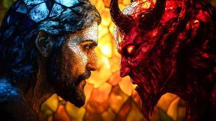 Colorful stained glass illustration of Jesus Christ vs Satan Lucifer the devil