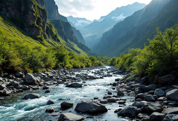 A rocky river bed surrounded by lush green vegetation and steep cliffs in a mountainous landscape