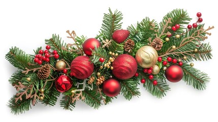 Christmas Branches Border with Christmas Decorations on White Background, Festive Embellishments for Holiday Cheer and Decor.