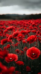 Obraz premium A field of red poppies with a cloudy sky in the background