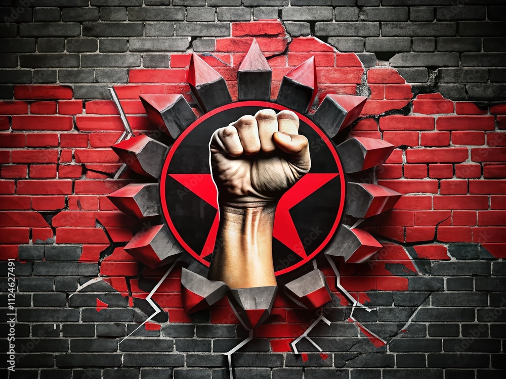 Poster aerial view of a black emblem design featuring a dynamic fist breaking through a wall, symbolizing p
