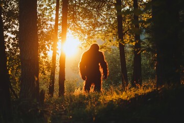 A rare shot of the mysterious bigfoot in a forest at sunset.