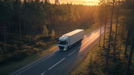 Obraz premium A white semi-truck drives down a country road at sunset.