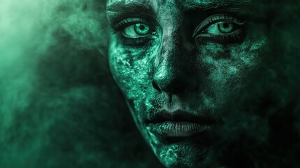 Mysterious ethereal portrait of woman in green atmospheric smoke, post-apocalyptic concept