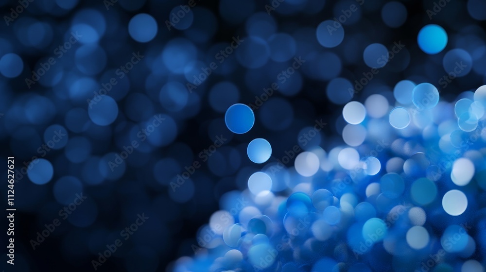 Aufkleber Close-up view of luminous blue particles floating against a dark background, enhanced by a bokeh effect that adds depth and a whimsical touch to the composition
