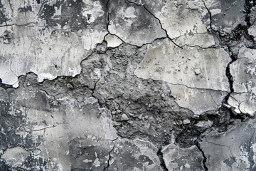 Obraz premium A weathered concrete surface features deep cracks and rough patches, highlighting signs of aging and wear in an urban environment, showcasing its decayed state.