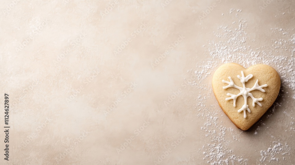 Poster close-up view of a beautifully crafted heart-shaped christmas cookie featuring a snowflake design, r