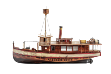 Hyperrealistic Side View of a Vintage Steamboat Displaying Its Paddle Wheel for Artistic and Historical Illustrations