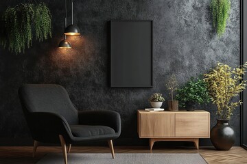 Modern Black Armchair with Wooden Side Table in Cozy Minimalist Interior Design