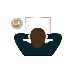 Woman reading a book and drink coffee. A female student is studying at home or in a cafe. Literature hobby, intellectual leisure activity. Vector illustration.