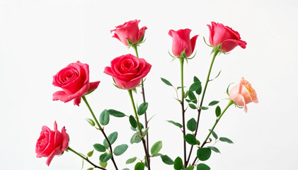 Red roses with green leaves on a white background