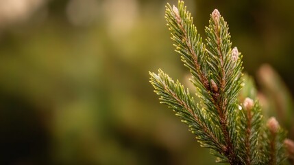 Fototapeta premium Ornaments and twinkling lights adorn a Christmas tree branch, showcasing the delicate texture of the needles against a soft green background