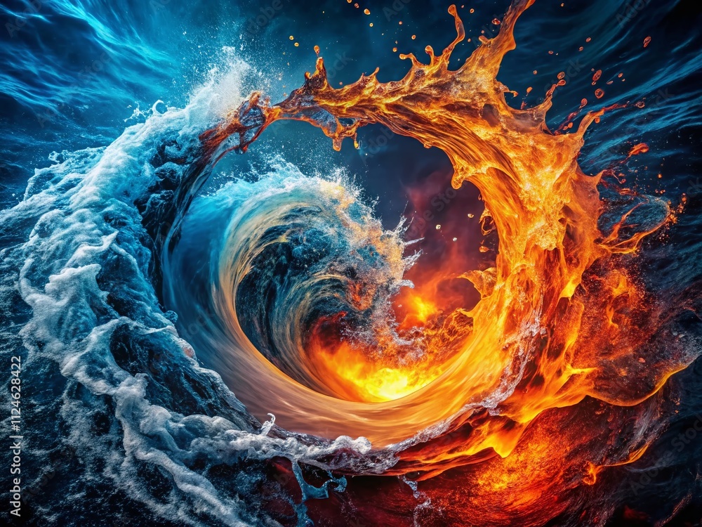 Poster aerial view of abstract fire and water splash background in vivid colors creating a dynamic contrast