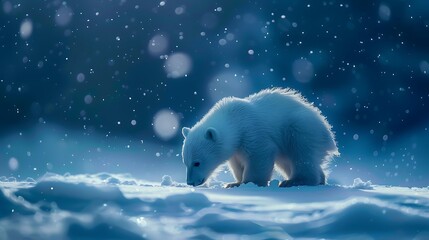 A tiny adorable polar bear in the white stuff at dusk