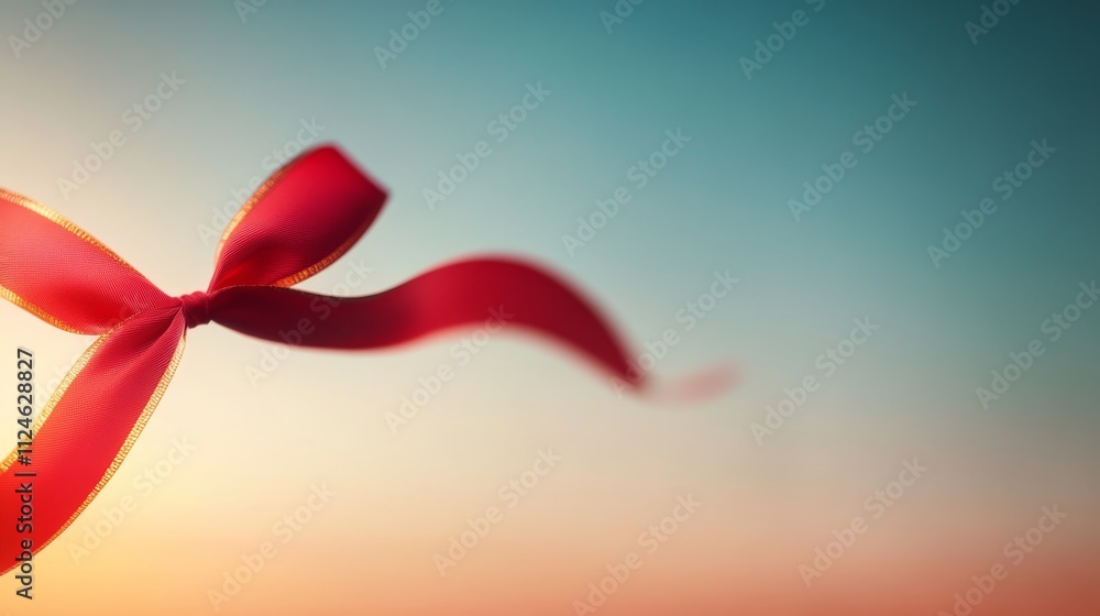Aufkleber close-up of a single red ribbon tied in an elegant bow with golden edges, set against a soft pastel 