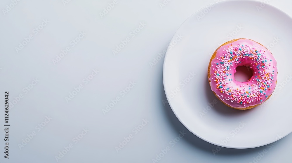 Poster close-up of a freshly glazed donut adorned with vibrant sprinkles on a sleek white plate, inviting s