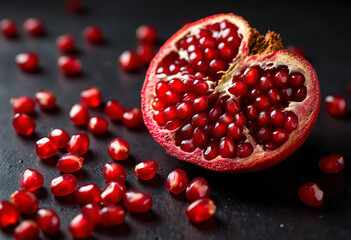 Red pomegranate seeds on a dark background