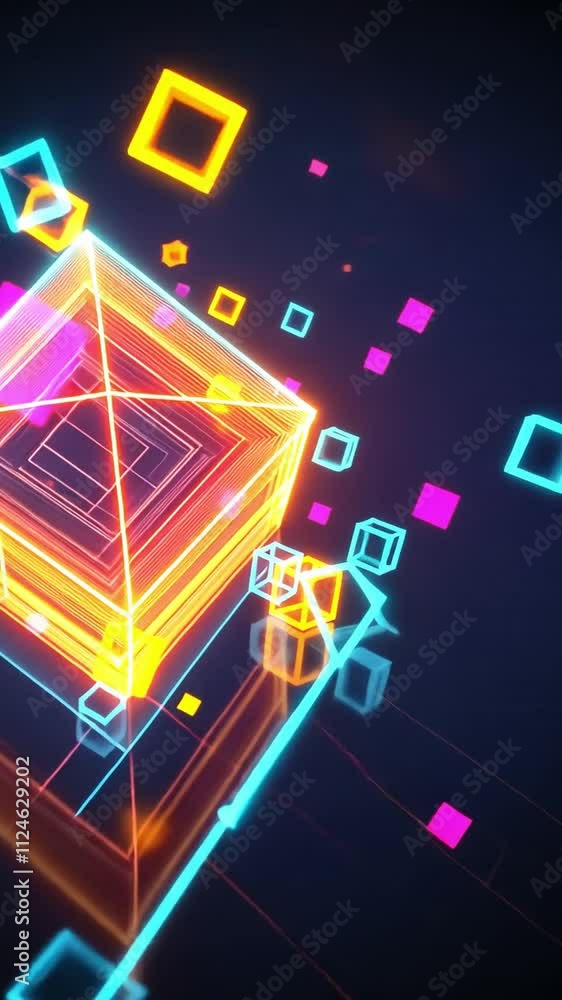 Aufkleber neon geometry: abstract 3d render of vibrant glowing cubes and squares, creating a dynamic and energ