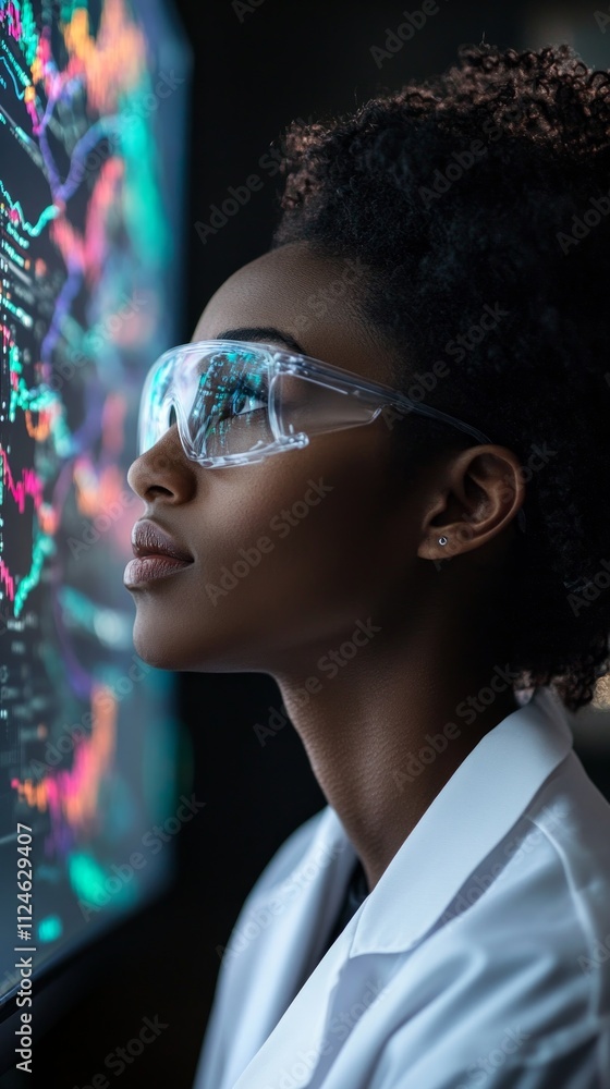 Poster a researcher in a laboratory studies gene editing data on a digital display, wearing protective eyew