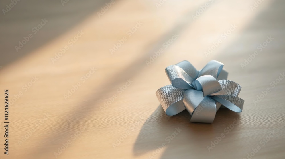 Poster Close-up view of a glossy silver gift bow with smooth ribbon loops placed on a light beige surface, softly illuminated with subtle shadows for added depth