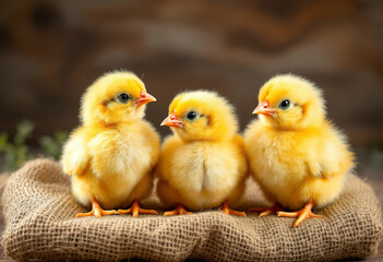 Three yellow chicks sitting on a burlap sack against a wooden background