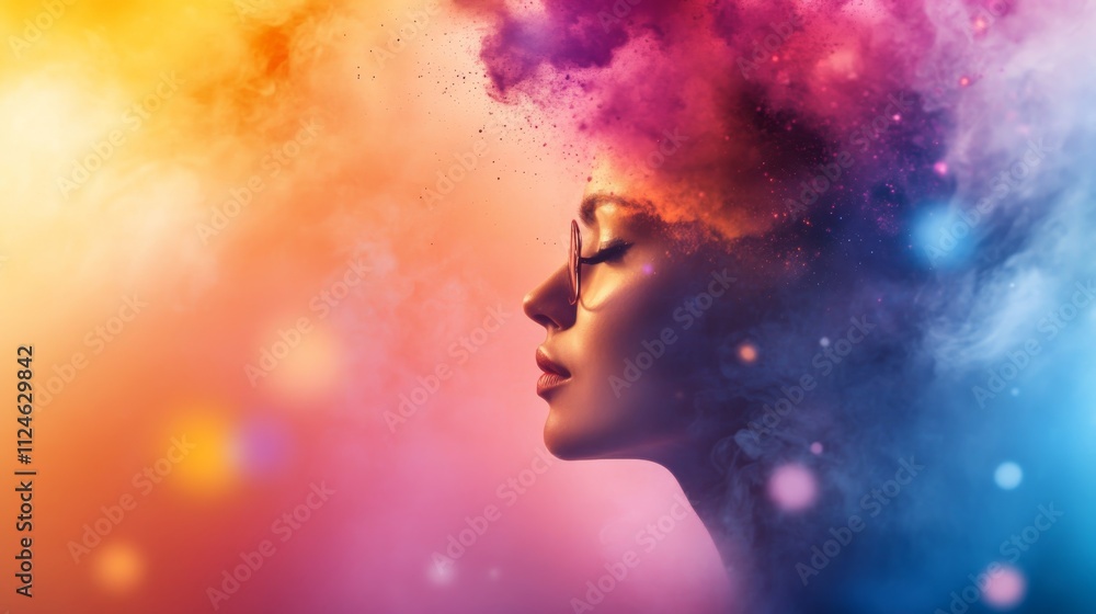 Poster a striking human silhouette is framed by colorful bursts and abstract shapes, representing a powerfu