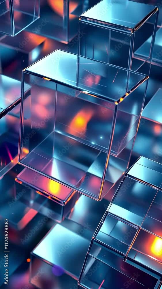 Poster glass cubes abstract: a mesmerizing arrangement of translucent cubes in vibrant blue and orange hues