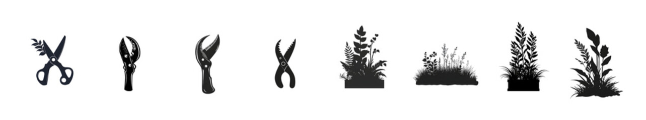 Obraz premium Collection of gardening tools and plants in a minimalist silhouette style.