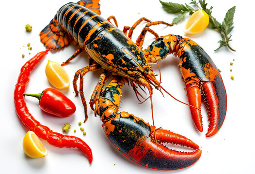 Top view a boiled spiny lobster with campot pepper isolated on white background