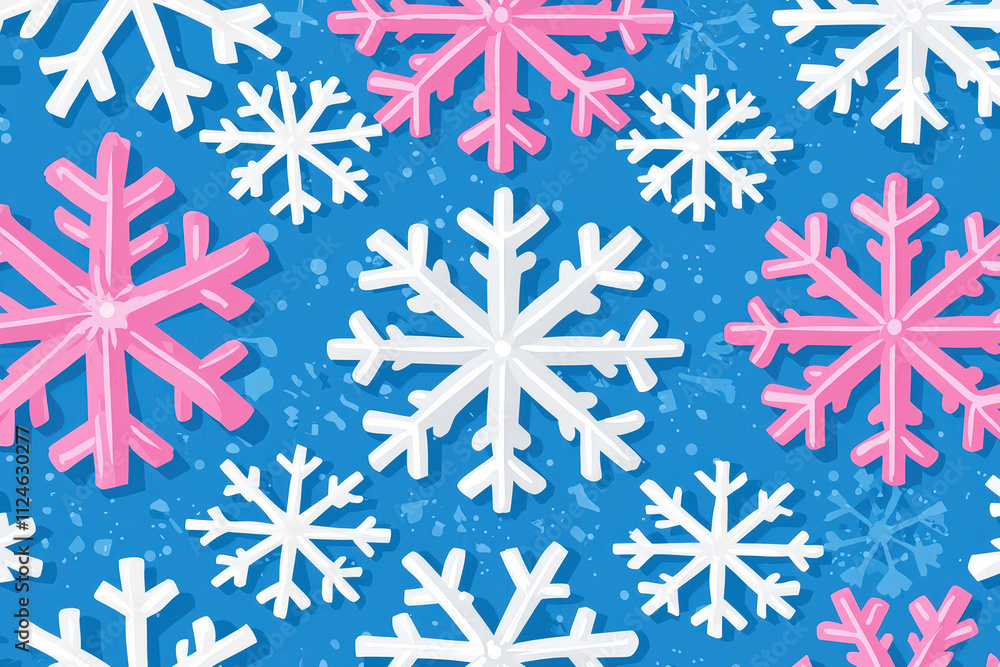 Poster colorful snowflake pattern on blue background featuring white and pink snowflakes, creating cheerful