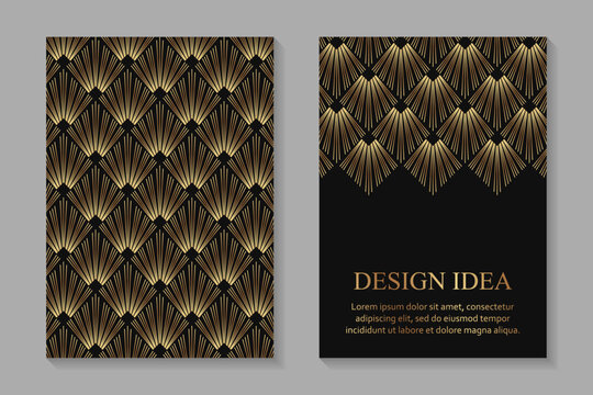 Modern geometric luxury black backgrounds for business or greeting cards with golden rhombuses in art deco style