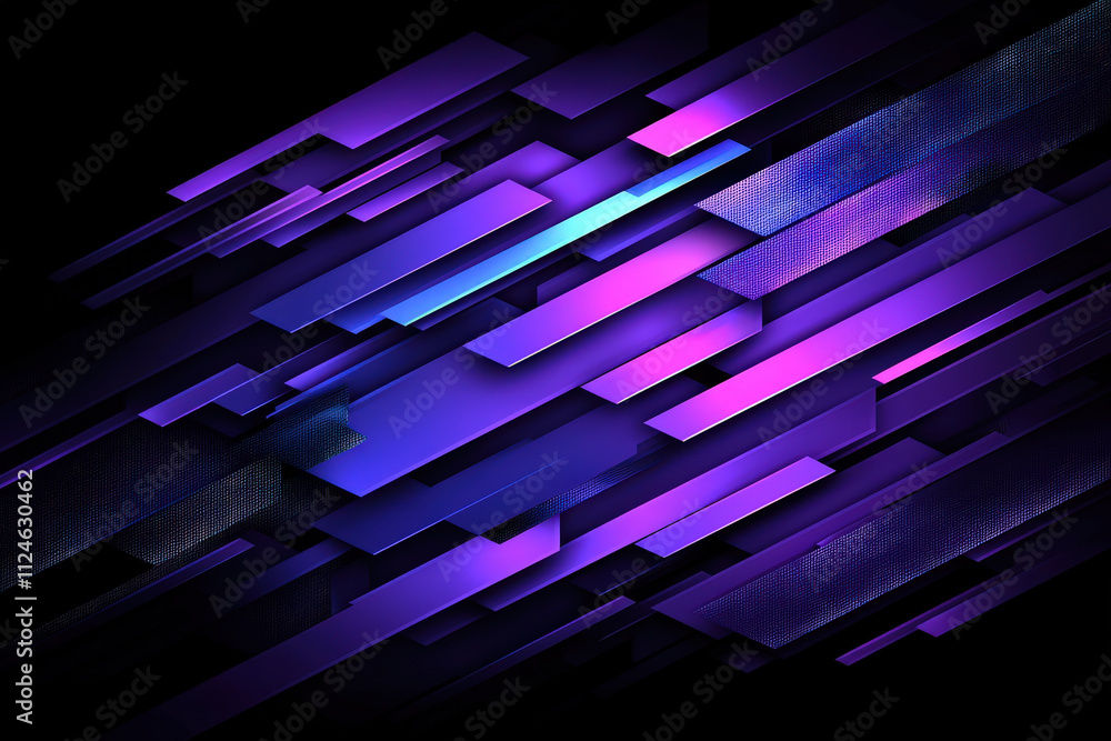 Poster bold digital abstract background with vibrant purple and blue geometric shapes, creating dynamic and