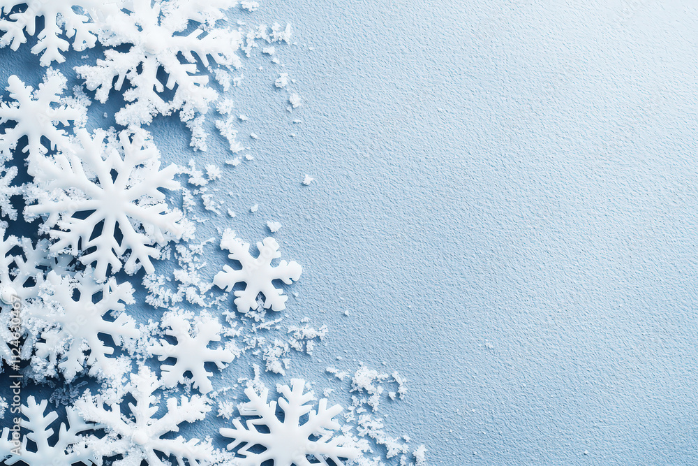 Poster wintery snowflake pattern background with icy blue texture and white snowflakes scattered across sur