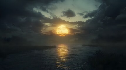 Obraz premium Dark clouds fill the sky as the sun sets, casting a somber and melancholic mood over the scene 