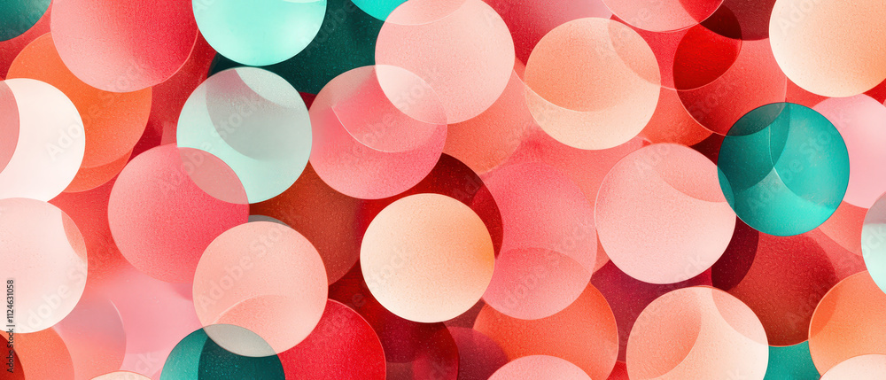 Poster Bubbly texture with overlapping translucent spheres in vibrant colors. This abstract design features mix of red, pink, and teal circles, creating playful and dynamic visual effect